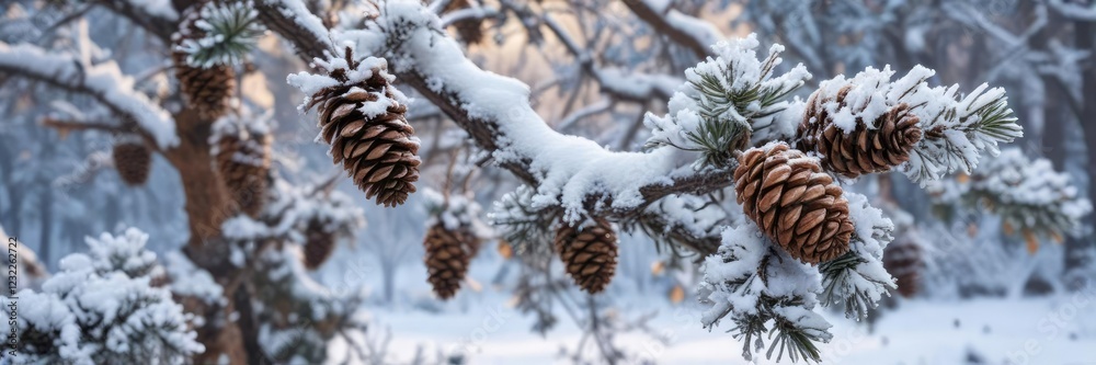 Frosty pinecones and bare branches covered in snow on a snow-covered tree, frosty pinecone, nature, forest