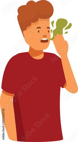 Young man pinching his nose to avoid a bad smell, expressing disgust