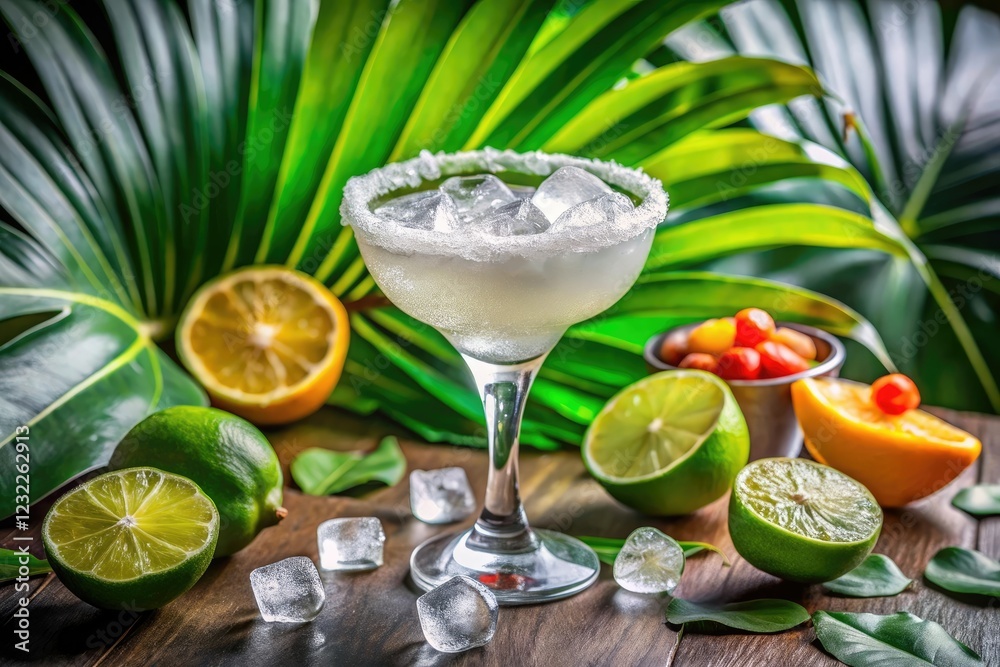 Fototapeta premium Frozen salt rimmed glass filled with a clear margarita cocktail containing tequila and lime juice surrounded by colorful tropical leaves and ice cubes., liquor, beverages, patio, tequila drink