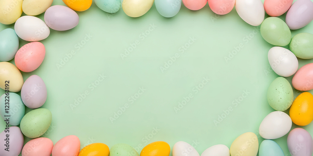 Decorated Easter eggs forming a frame on a green background. Flat lay holiday mockup with copy space Decorated Easter eggs forming a frame on a green background. Flat lay holiday mockup with copy space