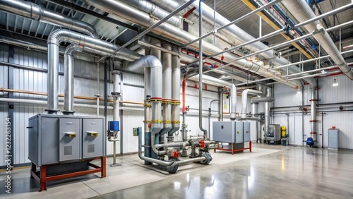 A boiler room with a central heating system, featuring pipes and ducts in a warehouse-style setting , industrial space, functional space