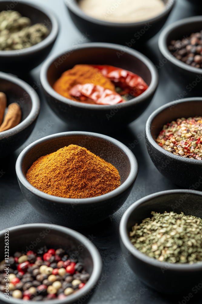 Different variety bowls set full of spices and herbs ingredients for cooking recipe, close up detail. Different variety bowls set full of spices and herbs ingredients for cooking recipe, close up detail.