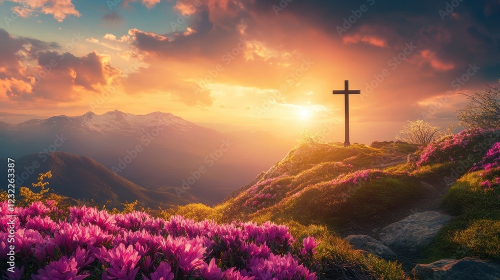 Fototapeta premium A wooden cross on top of a mountain, surrounded by flowers, under a bright sunny day. The light and nature create an atmosphere of peace, calm, and spiritual harmony
