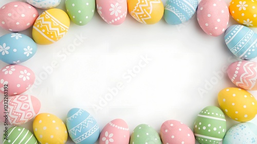 Decorated Easter eggs forming a border on a white background. Flat lay holiday mockup with copy space