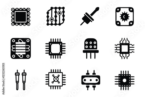 Create a set of editable line icons representing various aspects of the electronics manufacturing industry, including components, processes, and devices.