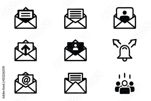 Create a clean, modern line icon set for email marketing.  Include icons representing email, newsletter, inbox, open rate, click-through rate, and campaign. Editable vector format required.