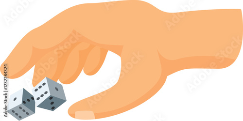 Cartoon hand is holding two dice, preparing to roll them for a game of chance or gambling