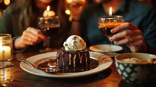 Romantic dinner setting with dessert and drinks, warm ambiance, couple enjoying evening together