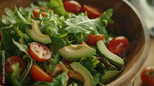 fresh leafy greens, cherry tomatoes, and avocado slices being tossed in a wooden bowl