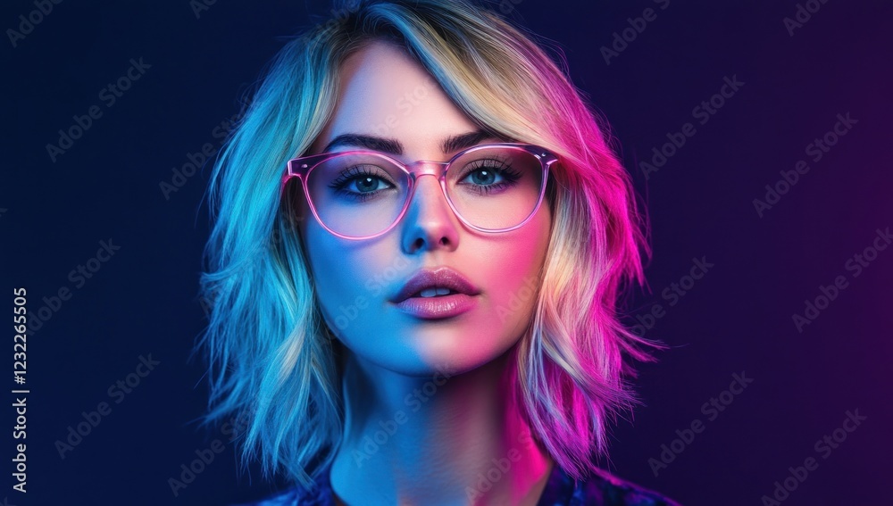 Naklejka premium Neon Lit Blonde Woman with Pink Glasses