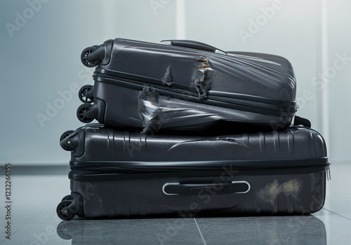 Two damaged suitcases stacked on each other showing poor handling during travel at the airport photo