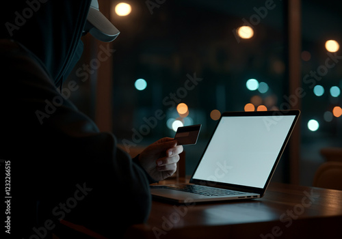 Hooded person sits at a dimly lit table, holding a credit card and using a laptop, suggesting online shopping or cybersecurity themes