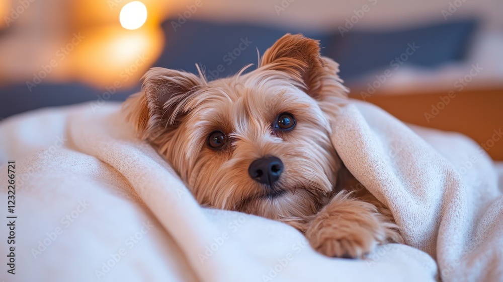 Cozy dog wrapped in a warm blanket on a rainy afternoon Cozy dog wrapped in a warm blanket on a rainy afternoon