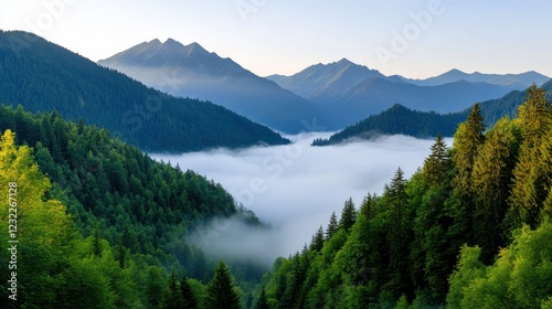 Wallpaper Mural Vibrant greenery meets misty mountains in a tranquil valley landscape Torontodigital.ca