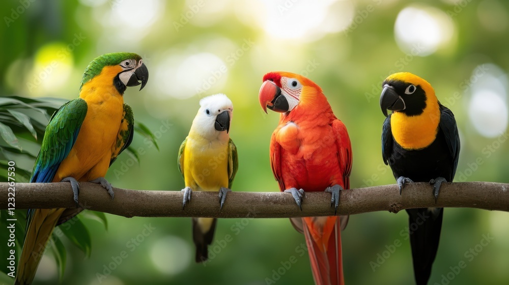 Colorful tropical birds perched on lush green trees in vibrant harmony Colorful tropical birds perched on lush green trees in vibrant harmony
