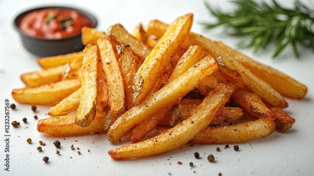 Crispy golden French fries served with a side of tangy tomato sauce and pepper seasoning Crispy golden French fries served with a side of tangy tomato sauce and pepper seasoning