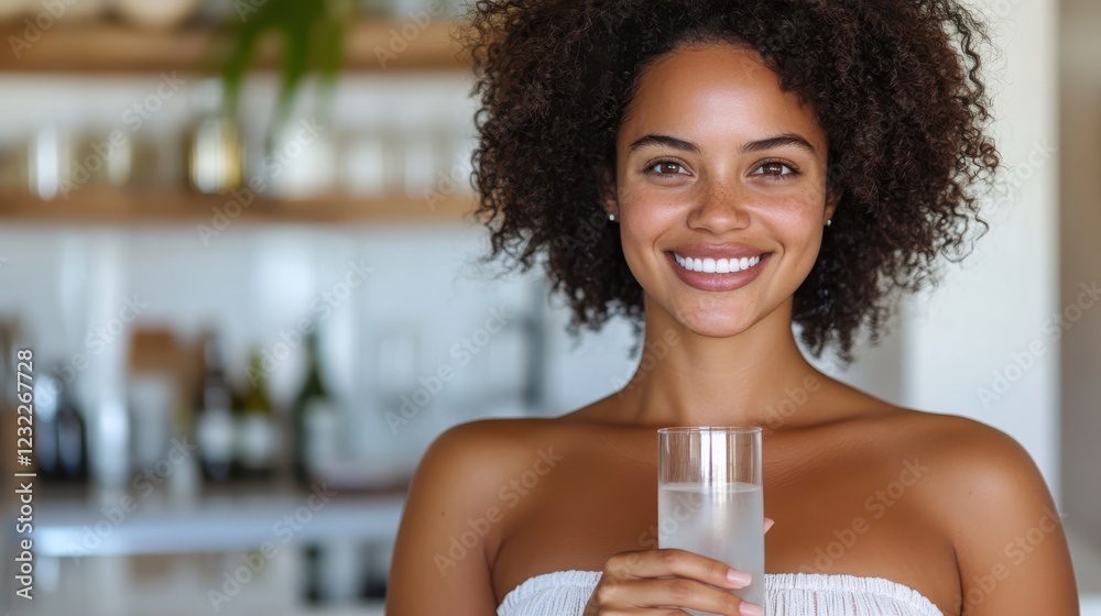 Happy young woman enjoying morning supplements in her cozy kitchen Happy young woman enjoying morning supplements in her cozy kitchen