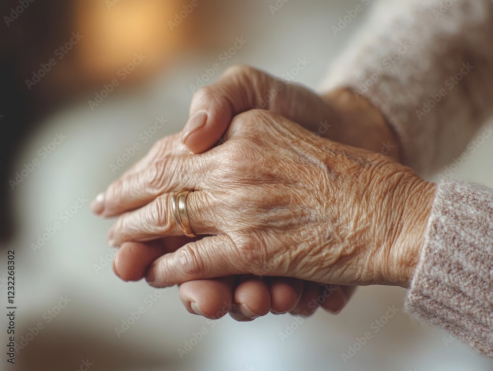 Fototapeta premium Close up of an elderly person's hands clasped, showing wrinkles and a gold ring symbolizing love and age