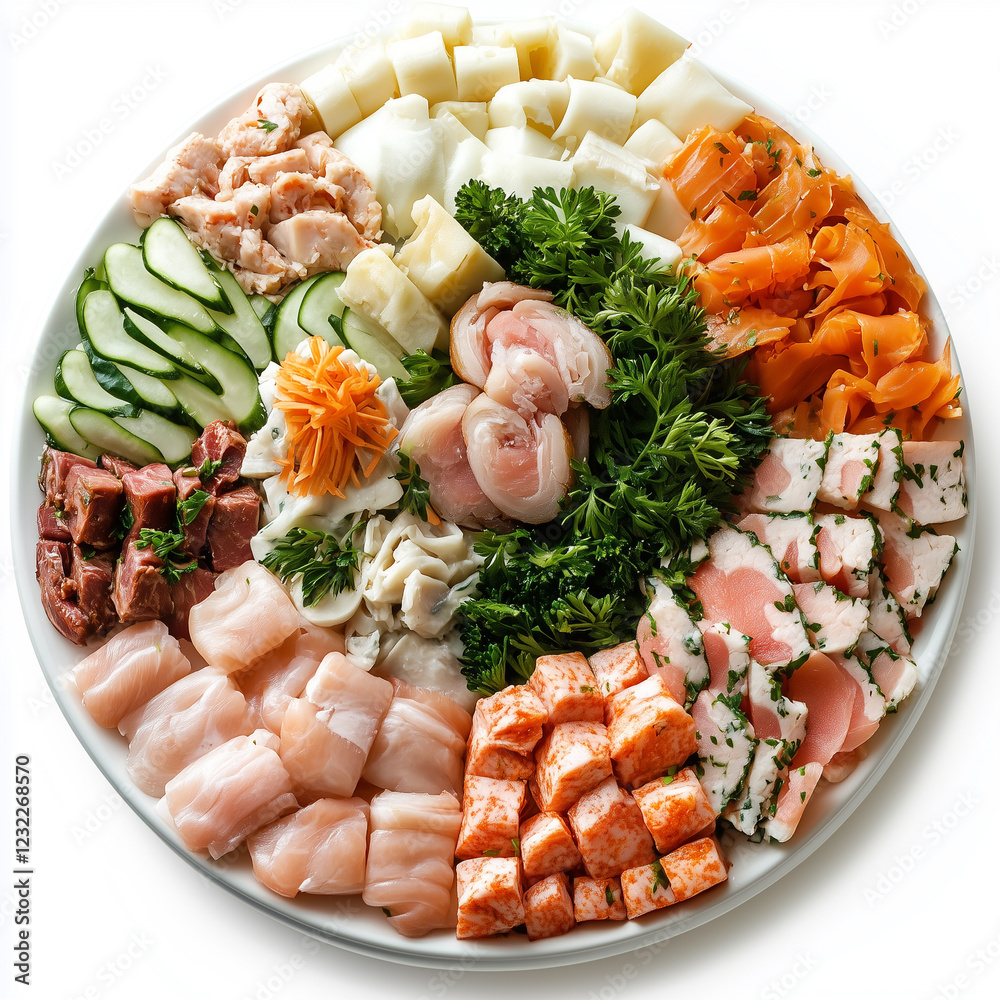 Platter of Mixed Platters, Round Platter Style, top view, isolated on white, food photography Platter of Mixed Platters, Round Platter Style, top view, isolated on white, food photography