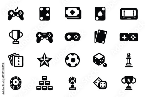 Create a clean, line-art icon set depicting various gaming and entertainment activities;  suitable for app design or website use, editable vector format.