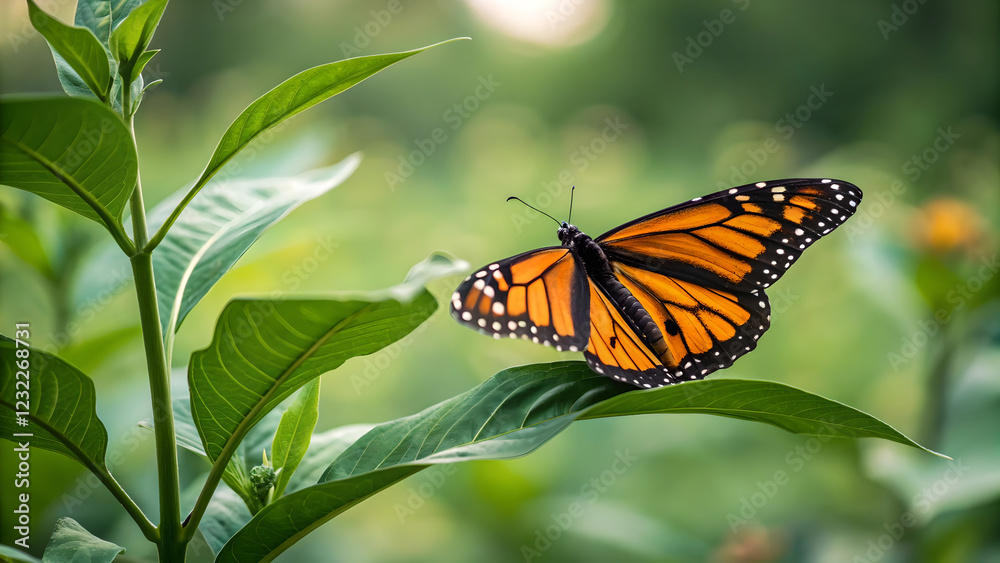 Monarch Butterfly in Flight: A vibrant Monarch butterfly, its wings adorned with intricate black veins and orange patterns, perches delicately on a lush green leaf. Monarch Butterfly in Flight: A vibrant Monarch butterfly, its wings adorned with intricate black veins and orange patterns, perches delicately on a lush green leaf.