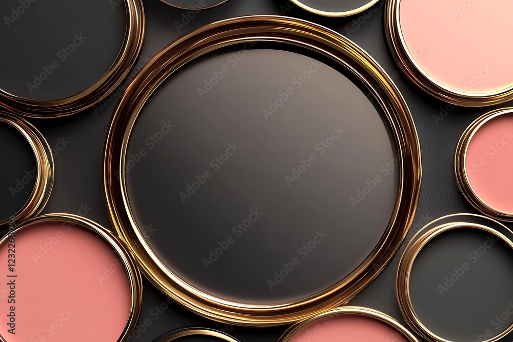 A selection of high-end geometric backgrounds in gold, rose gold, and black frames, presenting abstract 3D circle backdrops perfect for cosmetic product presentations. A selection of high-end geometric backgrounds in gold, rose gold, and black frames, presenting abstract 3D circle backdrops perfect for cosmetic product presentations.