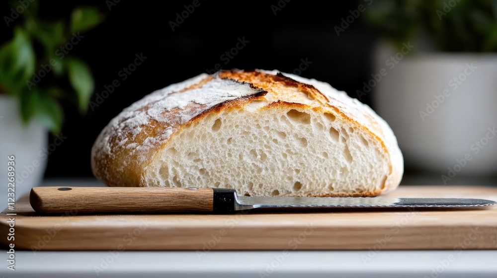 Freshly baked loaf of bread on a wooden board with a knife nearby