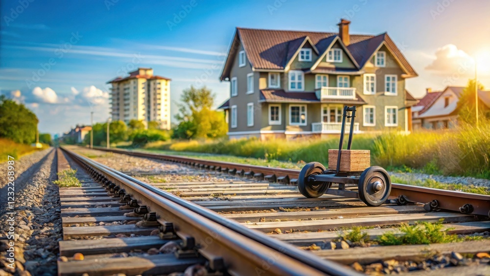 Fototapeta premium A house standing alone on a trolley track with wheels rolling in the background