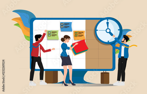 flat design concept of team of people working for business for schedule planning web landing banner background concept with online calendar, clock, task book and vector illustration design