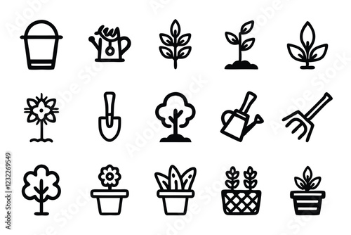 Editable line icons depicting various gardening tools, plants, flowers, and gardening scenes.  Perfect for websites, apps, and more.