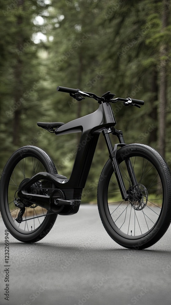 A sleek electric mountain bike stands on a deserted road, showcasing its innovative design against a backdrop of lush trees and majestic mountains under clear blue skies A sleek electric mountain bike stands on a deserted road, showcasing its innovative design against a backdrop of lush trees and majestic mountains under clear blue skies
