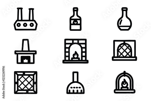 Editable icons depicting various stages of glassmaking furnace, molding, blowing, finishing, and packaging.  Vector illustration for industrial design.