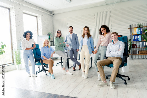 Diverse business team in a modern office collaborating and showcasing a friendly professional atmosphere