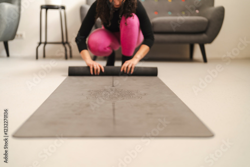 A woman in brown athletic wear performs a forward bend pose on a black yoga mat in a modern indoor space, stretching with her fingertips touching the floor beside her feet. photo