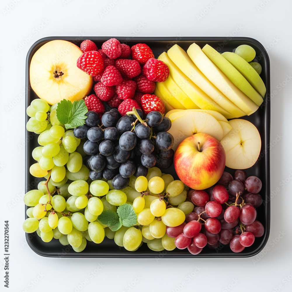 Tray of Fresh Fruits, Grapes, Apple Slices, Berries, Serving Tray Style, top view, isolated on white, food photography Tray of Fresh Fruits, Grapes, Apple Slices, Berries, Serving Tray Style, top view, isolated on white, food photography