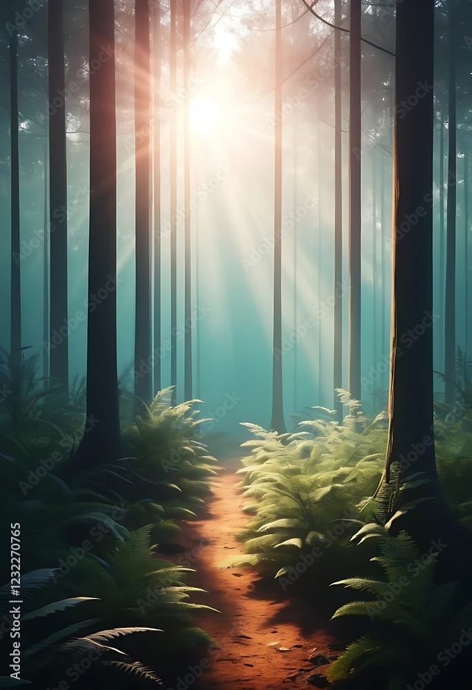 Obraz premium Sunlit Path Through a Misty Forest Scene