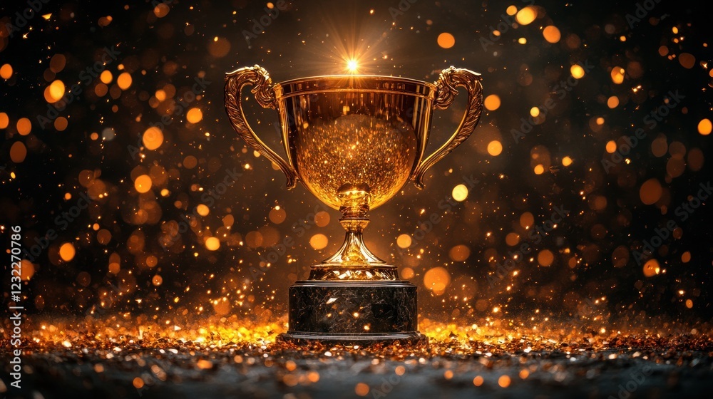 A gleaming golden trophy shining brightly A gleaming golden trophy shining brightly