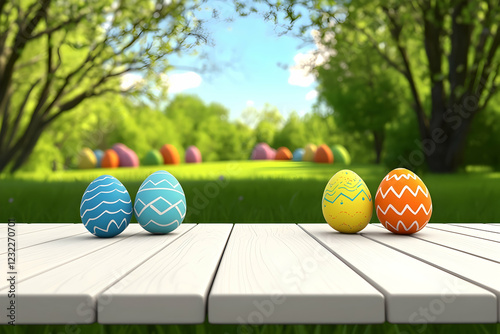 Whimsical 3D Easter egg design on a bright white table, with blurred greenery and springtime charm