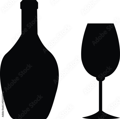 Set with alcohol bottles and glasses icons. Black flat vector silhouette with wine, cognac, champagne, beer. Alcohol collection elements monochrome isolated on transparent background.