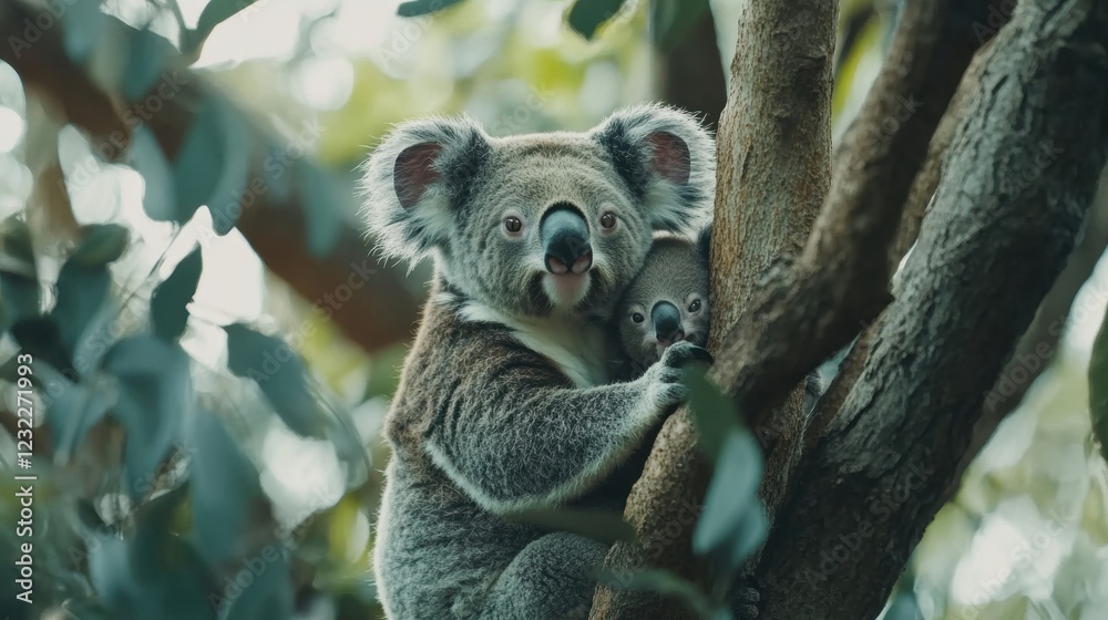 Fototapeta premium Koala Mother with Baby on Back Ultra HD Eucalyptus