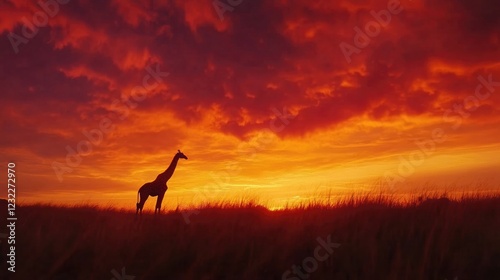 Giraffe Silhouetted at Sunset with Fiery Sky