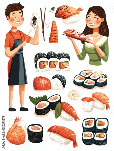 Asian cuisine isolated cartoon vector illustrations set. Happy couple eat sushi together, Thai and Vietnamese food, Indian restaurant, diverse people holding chopsticks, dining out vector cartoon. photo