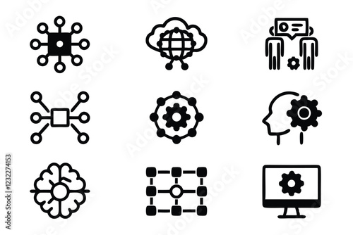 Create a clean, editable line icon set depicting various machine learning concepts algorithms, data analysis, neural networks, AI, deep learning, etc.