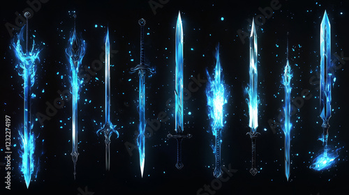 Sword attack, slash and cut effect. Blue flash of weapon motion, punch and fast hit light effects for game animation isolated on black background, vector cartoon illustration