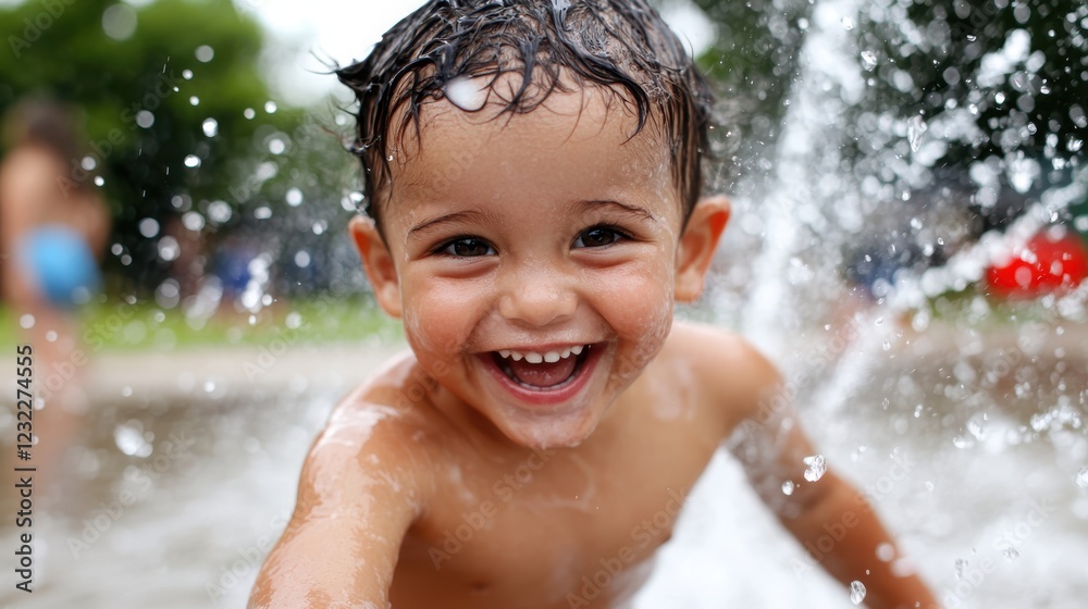 Joyful child dashes through backyard sprinkler on a warm summer afternoon Joyful child dashes through backyard sprinkler on a warm summer afternoon