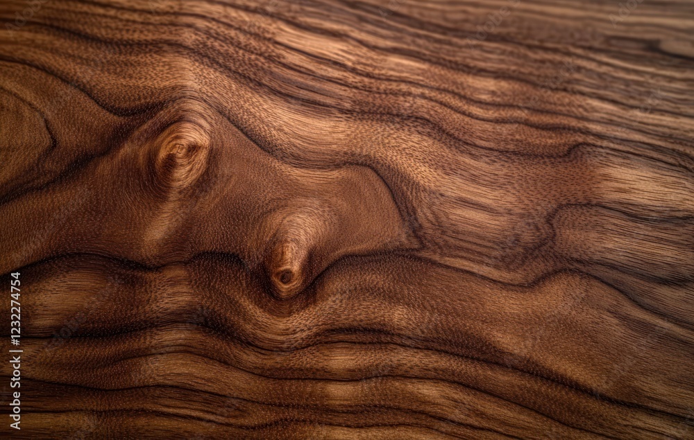 Naklejka premium Polished Walnut Wood Texture Close-Up Background with Intricate Grain Patterns and Natural Knots