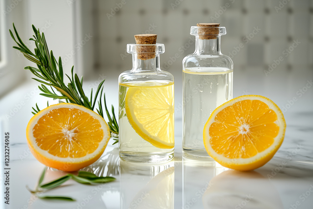 Citrus and rosemary essential oils in glass bottles. Citrus and rosemary essential oils in glass bottles.