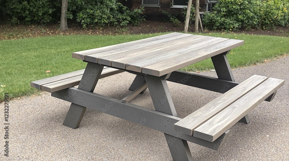 Sturdy wooden picnic table set in a park, perfect for outdoor gatherings and meals Sturdy wooden picnic table set in a park, perfect for outdoor gatherings and meals