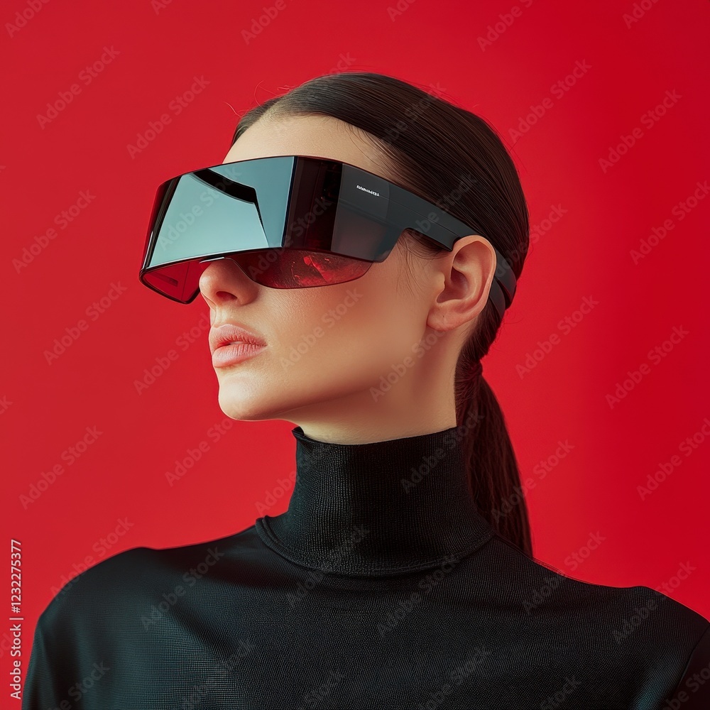 Stylish Woman in Augmented Reality Glasses Against Red Background Stylish Woman in Augmented Reality Glasses Against Red Background