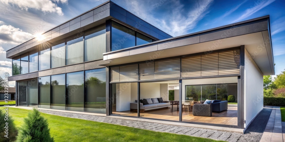 Modern home with tinted film installation on windows for UV protection and energy efficiency, Building Envelope, Energy Efficiency Modern home with tinted film installation on windows for UV protection and energy efficiency, Building Envelope, Energy Efficiency